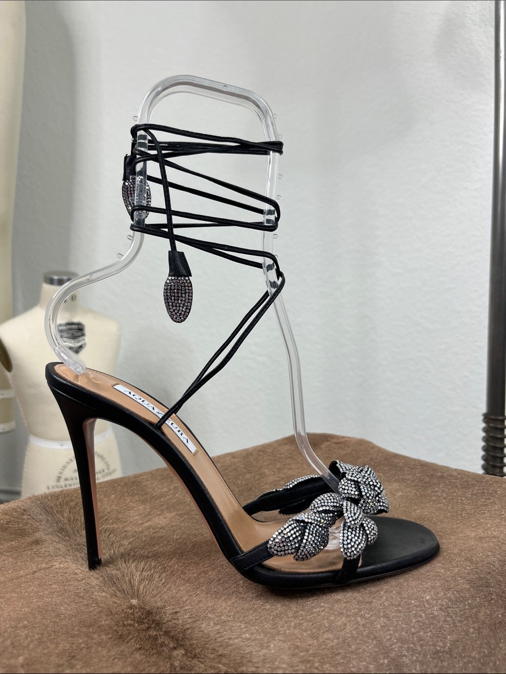 Aquazzura Galactic Flower 105 Leather Crystal Rhinestone Wrap Tie Sandals - Picture 3 of 14